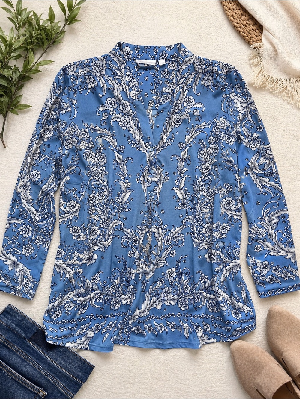 💙Belle by Kim Gravel Blue Floral Paisley Tunic Top Size Large QVC Boutique💙